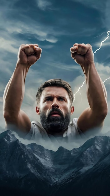 Photo vertical shot of bearded man makes flying gesture clenches fists has goal to achieve