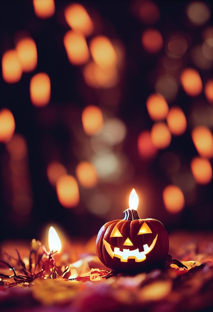 Vertical shot of beautiful Halloween scenery with a pumpkin and candles