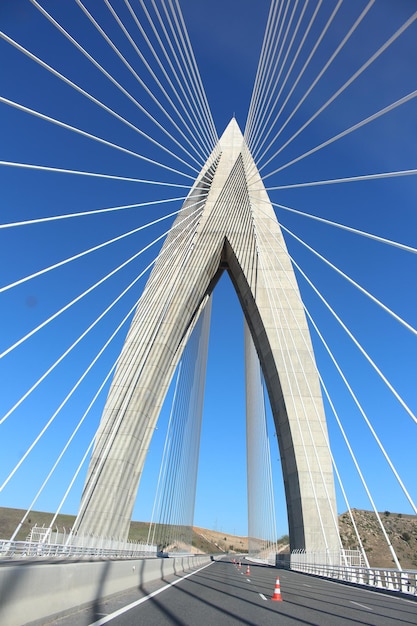 Vertical shot of beautiful Mohammed VI Bridge,  Bouregreg River near Rabat, Morocco