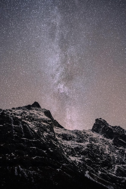 Vertical shot of a beautiful snowy landscape under the Milky Way sky background