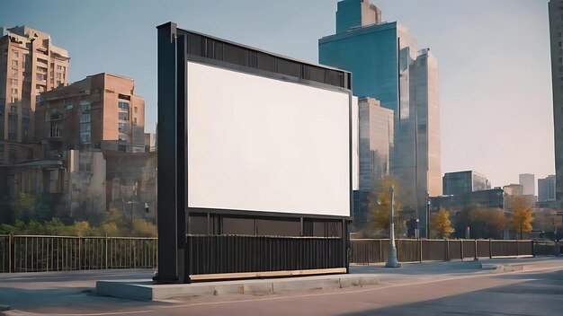 Vertical shot of blank billboard stands on pavemenet against city background near outdoor cafeteria