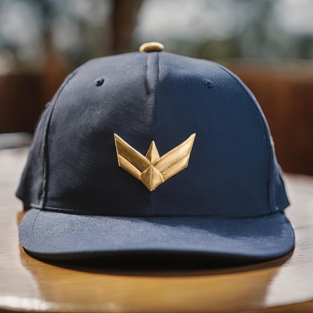 a vertical shot of a blue and brown baseball cap on a wooden backgroundclose up of a white and blue