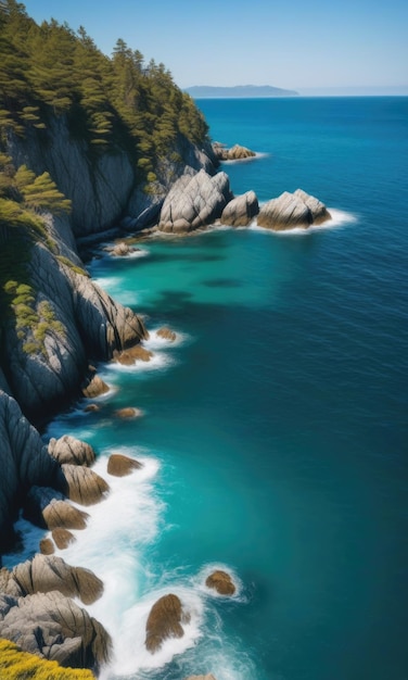 A vertical shot capturing the sea surrounded by a rocky shore on a bright and sunny day