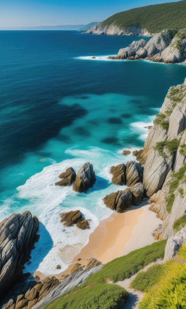 A vertical shot capturing the sea surrounded by a rocky shore on a bright and sunny day