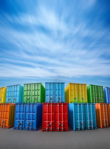 Vertical shot of colorful container boxes with copy space