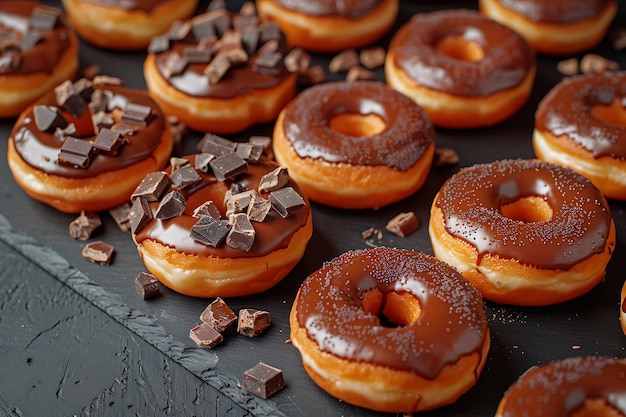 Vertical shot of delicious donuts covered in glaze and chocolate pieces on a black table