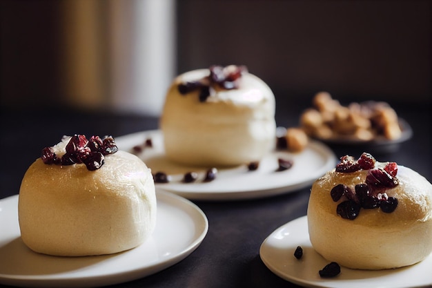 Vertical shot of delicious Quark buns with raisins 3d illustrated