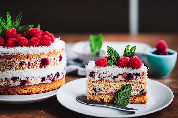 Vertical shot of Delicious tasty coconut sprinkled layered cake 3d illustrated