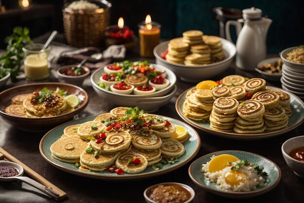 vertical shot of delicious vegan tofu pancakes with colorful fruits