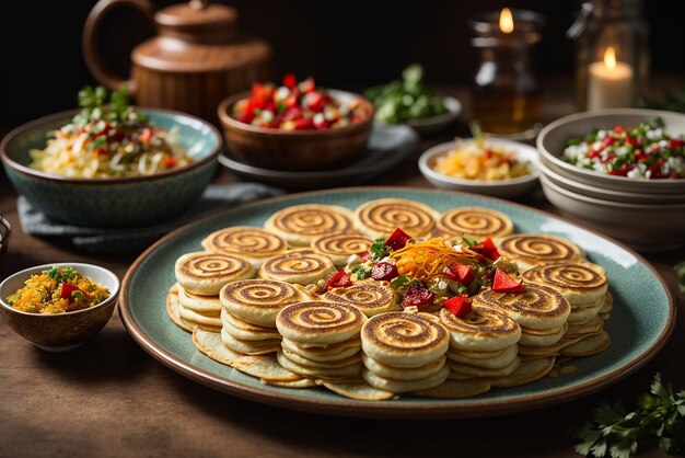 vertical shot of delicious vegan tofu pancakes with colorful fruits