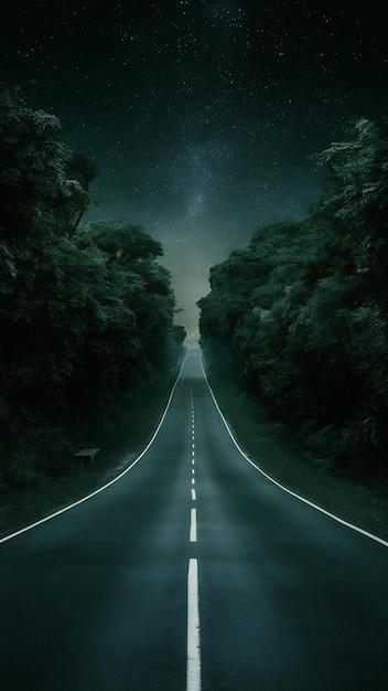 Vertical shot of an empty road surrounded with greenery under a starry sky