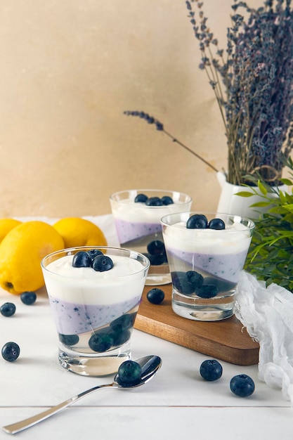 Vertical shot of a healthy breakfast with fresh blueberries and yogurt