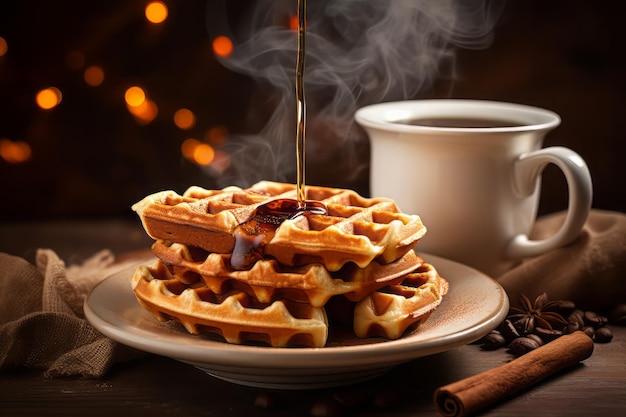 Vertical shot of hot coffee with waffles