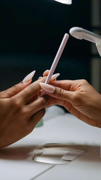 Photo vertical shot of manicurist filing nails with nail file