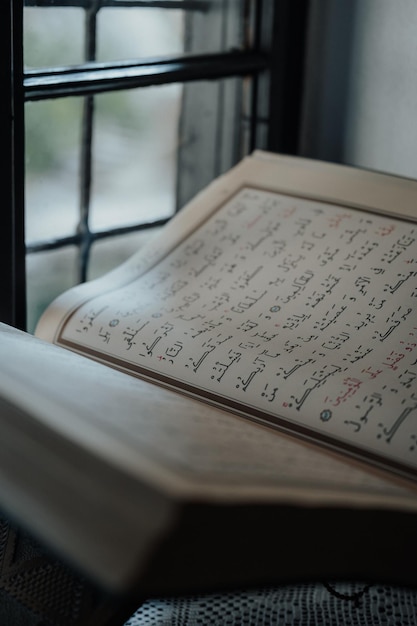 Vertical shot of an open book near the window