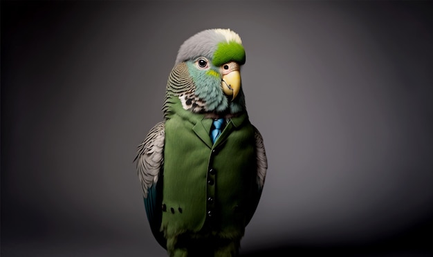 Vertical shot of parakeet in suit spirit animal