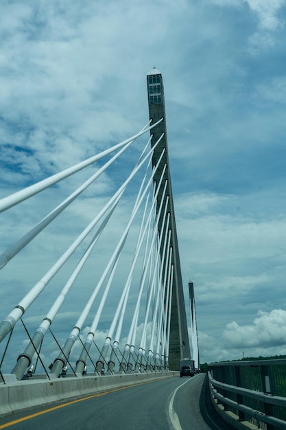 Vertical shot of a road bridge under a cloudy sky Maine Camden