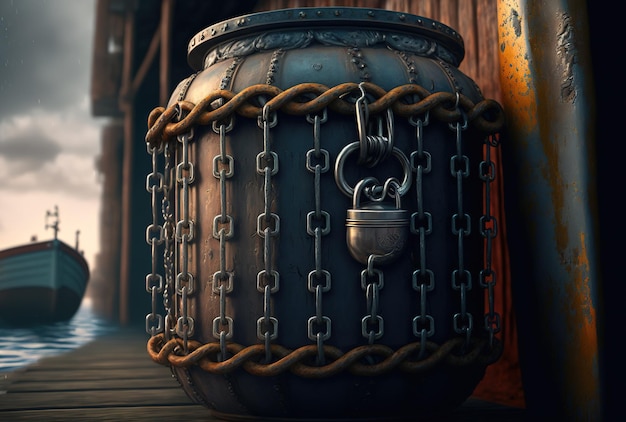 Vertical shot shows a barrel on the boats side with metal chains attached to it