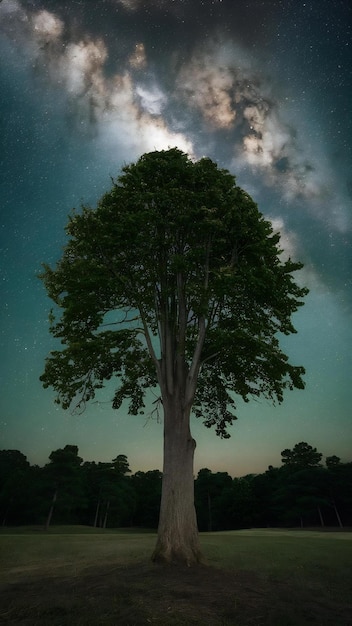 Vertical shot of a tree with the breathtaking milky way galaxy in the background