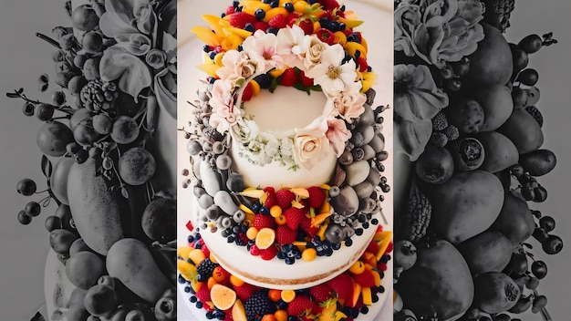 Photo vertical shot of a wedding cake decorated with fresh fruits and berries and a flower ring