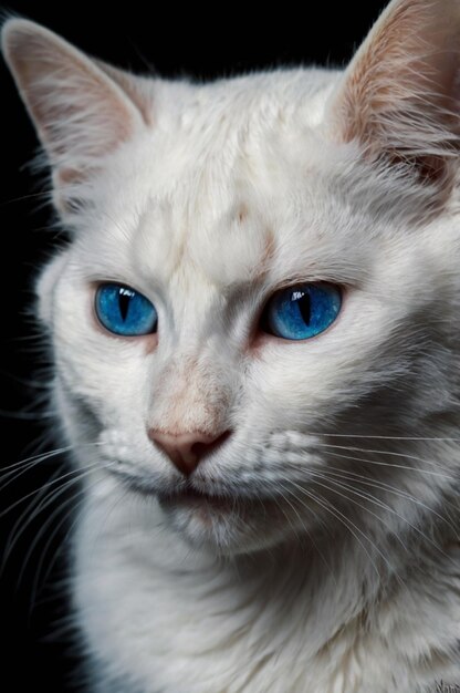 Photo vertical shot of white cat with blue eyes in the dark for wallpaper