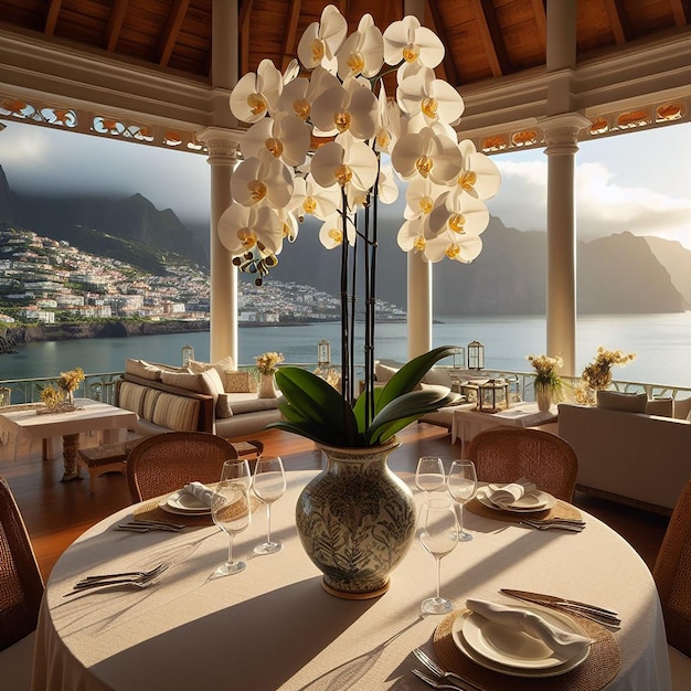 Vertical shot white orchids vase table inside room madeira portugal