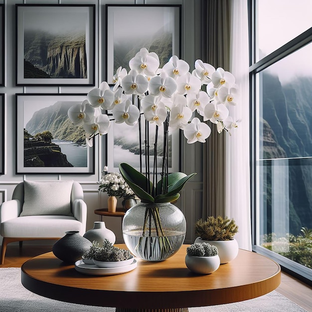 Vertical shot white orchids vase table inside room madeira portugal