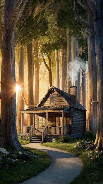 Vertical shot of a wooden cabin in the woods surrounded by tall trees on a sunny day