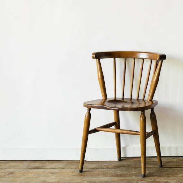 vertical shot of a wooden chair behind a white