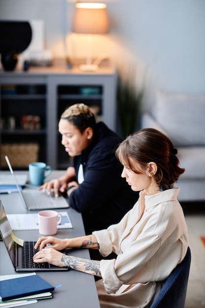 Vertical side view portrait of two women using computers at home workplace together