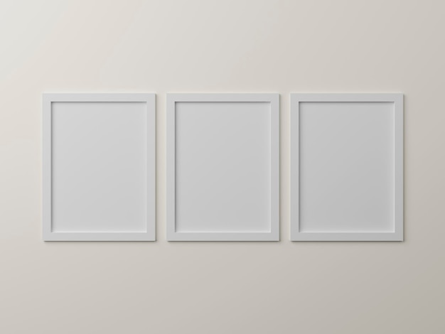 Vertical simple frame mockups Three frame hanging on wall painted white color 3d rendering