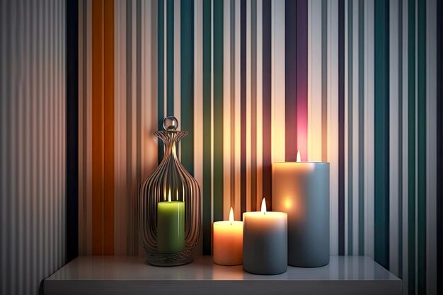 Photo vertical stripes on wall and blurred candles in bathroom with candles created with generative ai