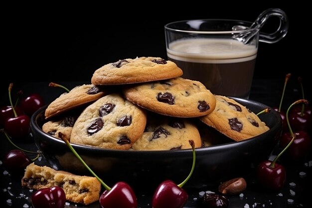 Vertical view of delicious banana cookies and cherries pour out bowl on black