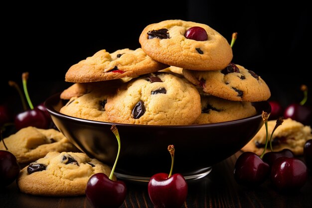 Vertical view of delicious banana cookies and cherries pour out bowl on black