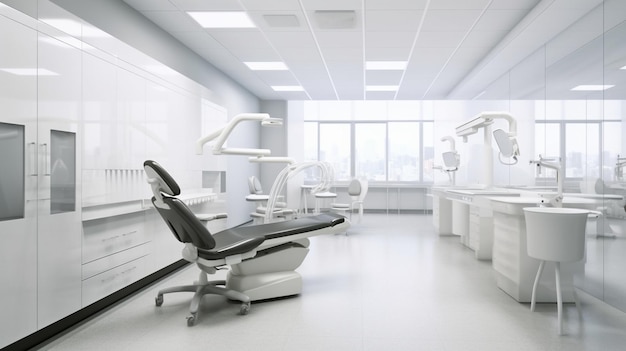 Vertical view of a dentist room with black seat Modern dental practice Dental chair Generative AI