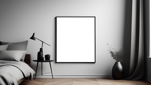 Vertical wall art mockup white blank picture framed mock up in bedroom