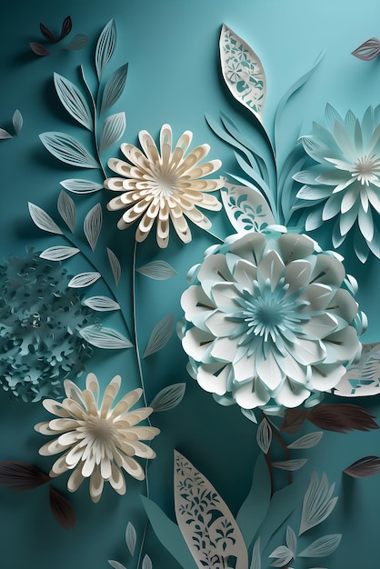 Vertical white and blue floral illustration in paper cut art style Generative AI