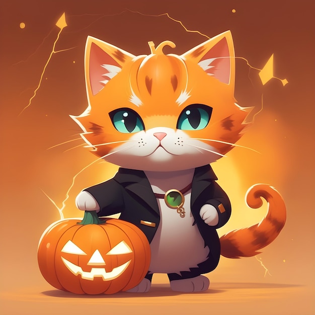 a very angry halloween kitty with a mini pumpkins