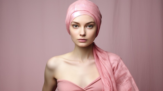 Very attractive woman dressed in pink with a cap on her head fighting cancer