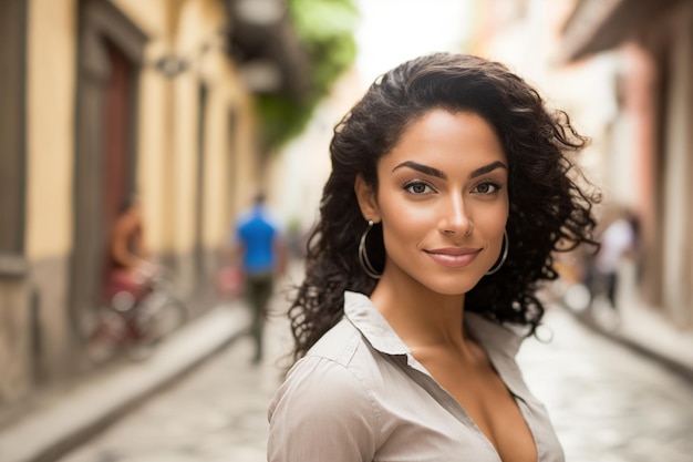 Very beautiful and attractive young Latin woman looking at the camera while walking down the street Ai generated