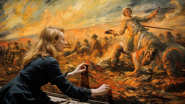 Very beautiful blonde woman painting a mid20th century oil painting of a battle