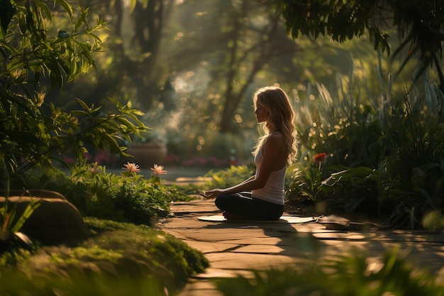 A very beautiful girl meditating in a tranquil garden Woman on yoga mat in forest surrounded by trees and grass enjoying nature