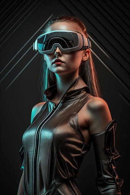 Very beautiful girl in VR glasses wearing futuristic clothes