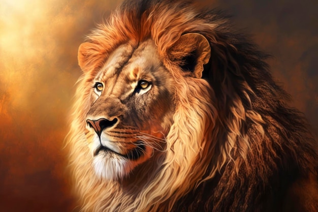 A very beautiful lion in the sunlight illustration in the style of digital airbrushing