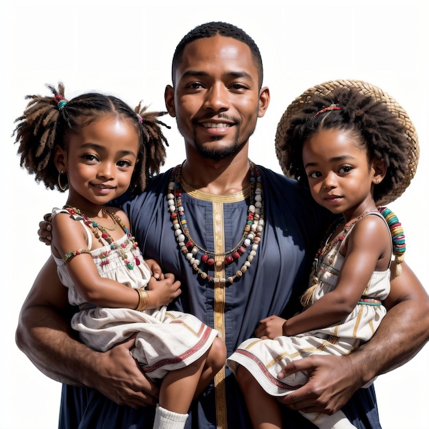 A very beautiful photo of an African Tribe man carrying his two little daughters