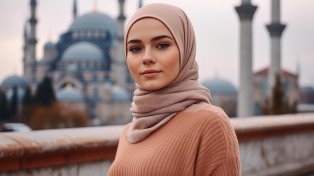 A very beautiful Turkish Muslim teenage woman The background should be in front of Istanbul's Blue