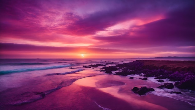 Very beautiful widescreen atmospheric natural seascape of sunset with textured sky in purple tones