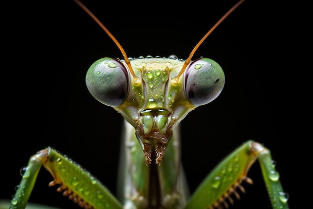 Very close and detailed macro portrait of a praying mantis against a dark background