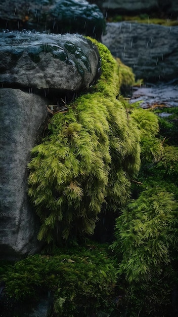 Very close focus of texture northern moss growing on stone in northern forest at rainy winter day