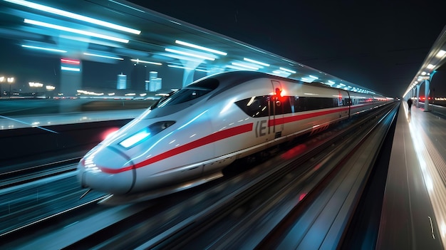 A very close shot of a high speed white bullet train with a blurry motion background representing its speed with a night view Generative AI